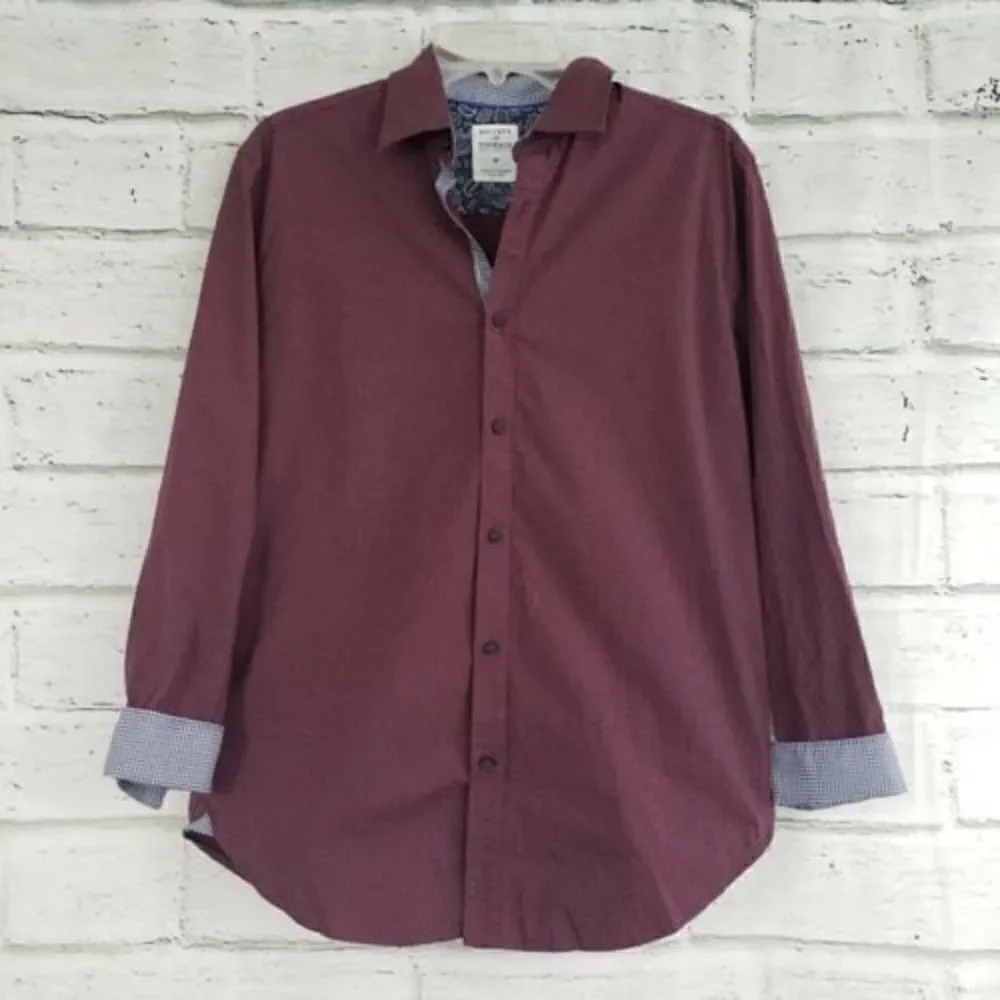 Society Of Threads Mens medium Flip Cuff Slim Fit stretch button up shirt maroon